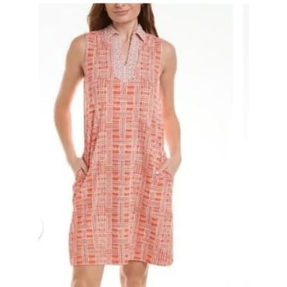 J McLaughlin Size Medium Catalina Shirt Mini Dress Orange Coral Geo Nylon Blend